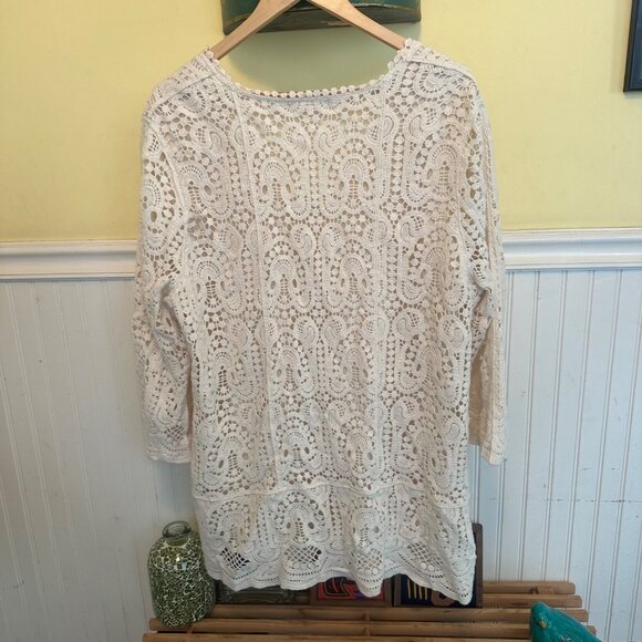 Adiva cream Crochet Tunic With Deep V-Neckline & 3/4 Sleeves - Picture 2 of 7